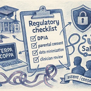 Monochrome blue ballpoint editorial infographic: a central clipboard titled "Regulatory checklist" with hand-drawn checkboxes (DPIA, parental consent, data minimization, clinician review) radiates arrows to vignettes — a school with a graduation cap, a laptop labeled "FERPA / COPPA", a shield with a padlock marked "GDPR", a medical cross and stethoscope labeled "SaMD", a youth silhouette with a parent and an "assent/consent" ribbon, and a warning flag for mandatory reporting; scales of justice and a tangled red-tape ribbon sit in the background. Clean hand-lettered labels, cross-hatching, stippling and loose sketch lines on textured paper give a high-contrast, clear composition suited for an article header.