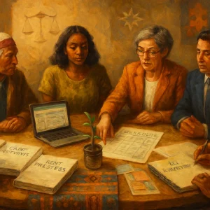 Warm, textured oil scene of a diverse intergenerational group — Indigenous elder, youth activist, teacher, local official, NGO facilitator and others — gathered around a large wooden table strewn with open binders labeled “Case Studies”, “Best Practices”, “Adaptation Matrix” and “M&E Indicators”, printed maps, charts, sticky notes and a laptop showing an e‑platform. One person points to a matrix while another takes notes; a small sapling in a jar and a woven textile signal sustainability and cultural diversity, and subtle symbols — a balanced scale, a compass, interlocking puzzle pieces and a mosaic motif in the background — underline ethics, guidance and collaborative problem‑solving. Soft directional light, warm earthy palette and rich brushstrokes convey thoughtful, hopeful, professional planning for intercultural dialogue.