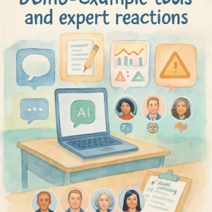 A soft watercolor editorial scene of a calm classroom workspace: a teacher's desk with an open laptop showing a chat-based AI, surrounded by translucent floating panels that visualize key tools — a chat bubble for AI tutoring, a lesson-plan page with pencil for adaptive lesson generation, paired speech bubbles for role-play, a simple dashboard with mood icons for SEL, a predictive risk chart flagged with a caution mark, and a shield for content moderation. Five small circular expert portraits (diverse ages, genders, ethnicities) line up with simple reaction icons — book for educator, brain/heart for child psychologist, scales for privacy lawyer, compass/lightbulb for ethicist, and megaphone for youth advocate — while a clipboard with a short "safe testing" checklist and a rubric sheet rest nearby. Rendered in loose brushstrokes on soft textured paper with a calming pastel palette of blues, greens and warm peach accents, gentle lighting, high resolution, and a readable hand-lettered article title at the top.