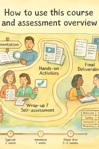 Warm watercolor, soft-ink illustrated 16:9 header showing a central winding path on a parchment map with clear handwritten signposts: Orientation (open book + magnifying glass), Core Modules (stacked cards with video, reading, case study icons), Hands-on Activities (toolbox, checklist, classroom sketch), Reflection & Peer Exchange (two diverse characters chatting over a notebook), Final Deliverable (three labeled artifacts: classroom risk assessment checklist, learner-centered adaptation plan, short policy brief), and Wrap-up / Self-assessment (checked checklist, compass). Includes a simple timeline bar with clock icons for Typical 2-week, Intensive 1-week, Deep-dive 3–4 weeks, a compact 4-box rubric badge (Relevance, Safety, Inclusion, Practicality with 0–3 ticks), accessible iconography (captions/transcript, privacy shield), friendly diverse characters (teacher, product designer, policymaker) placing stamps and flags at checkpoints, and generous white space for overlaying the article title — whimsical yet professional, pastel palette and clear readable labels for immediate scannability.