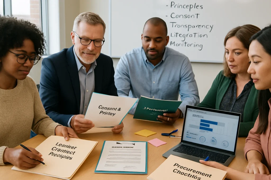 A photorealistic scene of a diverse group of educators, a school leader, and a parent gathered around a sunlit conference table in a modern school meeting room, collaboratively reviewing printed checklists and folders labeled "Learner-Centered Principles", "Consent & Privacy", and "Procurement Checklist". On the table are a signed consent form, sticky notes, pens, and a laptop screen showing an explainability visualization and evaluation metrics (engagement, safety incidents, equity indicators); a whiteboard in the background lists five bullet points: Principles, Consent, Transparency, Integration, Monitoring. Warm natural light and shallow depth of field create a sincere, focused atmosphere captured in high resolution.