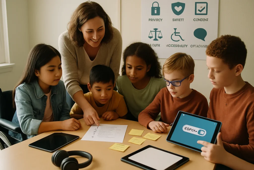 Photorealistic editorial scene of a teacher and a diverse group of children and teens — including a student in a wheelchair and a student using a tablet with assistive settings — gathered around a table reviewing a printed checklist and sticky notes. On the table: tablets, headphones, a braille booklet, and a tablet screen showing an 'opt-out' toggle; a poster on the wall displays simple icons for privacy (padlock), safety (shield/heart), consent (checkbox), equity (scales), accessibility (wheelchair) and explainability (speech bubble). Warm natural light, shallow depth of field and a candid, collaborative composition convey a supportive, learner-centred moment suitable for an article on human rights and guiding principles.