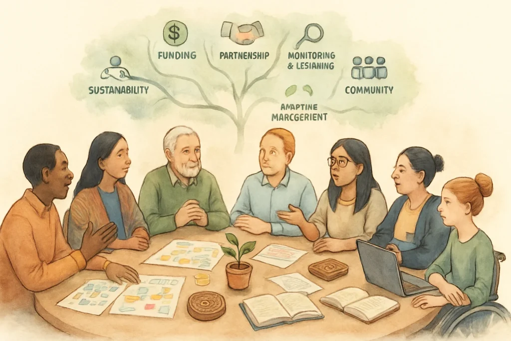 High-detail watercolor header depicting a diverse group of people of different ages, genders, abilities and cultural backgrounds seated around a circular table in warm earth tones, engaging in respectful dialogue with soft poses, warm eye contact and collaborative gestures. On the table: stakeholder maps, sticky notes, flowcharts, a laptop, open books, funding and partnership sketches and a small potted seedling to symbolize sustainability, alongside a respectfully rendered Indigenous woven motif or carved wooden token acknowledging local custodianship. Above the table floats a translucent watercolor tree of connections whose flowing branches link small icons for funding, partnerships, monitoring & learning, adaptive management and community back to the documents below. Loose brushstrokes, delicate ink outlines and subtle paper texture create a calm, hopeful, professional mood; composition leaves clear negative space at the top or side for a headline.