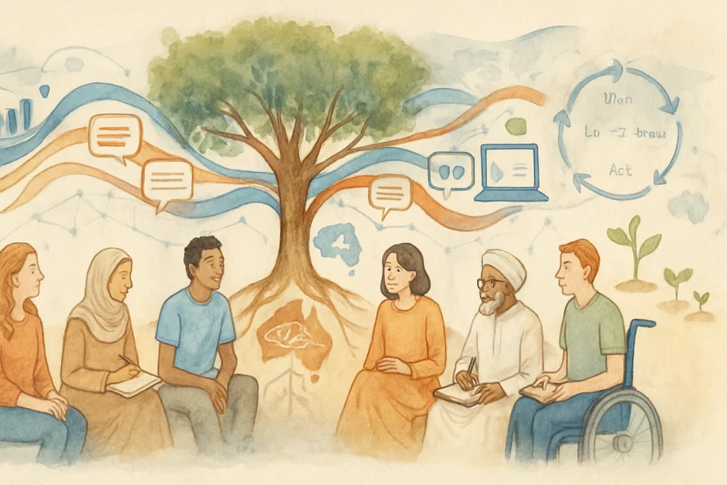 A high‑resolution watercolor landscape banner on textured paper showing a diverse, multicultural group seated in a respectful circle beneath a flourishing "tree of learning." Warm earth tones with blue accents, soft layered washes and light ink details convey calm, collaborative, reflective and hopeful mood. An elder is honored near the roots with a small land silhouette and ceremonial motif. The tree's roots and branches flow into watercolor ribbons that morph into subtle data charts, notebooks, speech bubbles, oral‑history icons and a stylized open laptop/book evoking the UNESCO e‑Platform and UNITWIN/IDIU network; delicate network nodes connect to faint world‑map silhouettes in the background. Iterative cycle arrows (Plan–Do–Study–Act) and seedling‑to‑tree growth imagery signal adaptive management and learning. Composition leaves gentle negative space in the upper area for title overlay, emphasizing inclusivity, equity and shared knowledge.