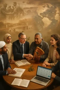 A cinematic photoreal editorial cover: a diverse, multi‑generational circle — diplomats in business attire, religious leaders in respectful dress, an Indigenous elder holding a woven textile and young facilitators with a laptop — sit around a warm wooden roundtable engaged in conversation and a gentle handshake. Open books, printed reports and a tablet displaying a searchable digital resource hub lie on the table; behind them a soft translucent timeline collage layers a sepia post‑WWII cultural exchange photo, a 1990s post‑conflict rebuilding scene with a repaired bridge and memorial, and a modern world map with glowing network lines and small university and NGO icons. Symbols of reconciliation (an olive branch and a shared cultural artifact) are woven naturally into the scene; warm, hopeful natural light, cinematic color grading, high resolution and shallow depth of field highlight sharply focused faces while leaving negative space at the top for a headline.