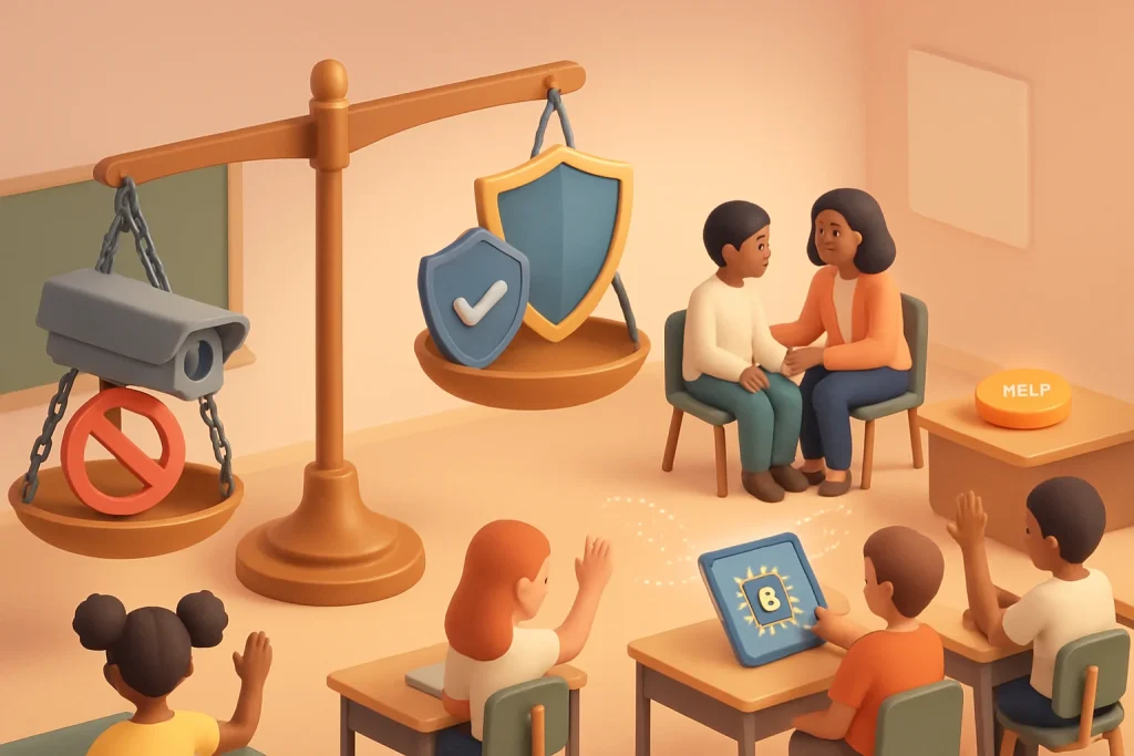 Isometric classroom centered on a scale: a surveillance camera bound in chains with a red no symbol balances against a protective shield. Warm human moments—an empathetic counselor speaking privately with a student, kids raising hands and tapping a tablet showing an on‑device chip and padlock, and a glowing help button—contrast with cold gray surveillance elements. Ephemeral dotted data trails fade away, emphasizing privacy by design. Smooth, stylized 3D models, soft lighting and a warm pastel palette create a friendly, modern scene with minimal clutter and negative space for headline text.