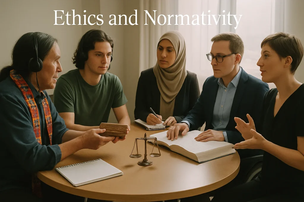 Candid wide shot of an intergenerational, intercultural roundtable bathed in warm window light: an Indigenous elder in a traditional scarf, a young activist, a woman in a hijab, a business professional, a facilitator in a wheelchair and a sign-language interpreter exchange documents, cultural objects and accessible materials (large-print and braille book) around a small balanced scale sculpture. Translation headsets, notebooks and soft backlight underscore the cinematic editorial grading and authentic expressions of mutual respect, equity and reflection on human rights, normativity and power.