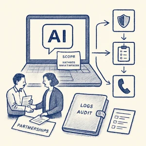 Calm, high-contrast editorial cover rendered in blue-black ballpoint-pen line art with cross-hatching. Center: a laptop/tablet displaying an AI chat bubble labeled scope and a short sticky-note style disclaimer. Right: a simple escalation flowchart with arrows to icons for a shield (legal/regulatory), a clipboard checklist, and a phone/crisis hotline. Left: two human figures — teacher and counselor — exchanging notes and shaking hands over a contract labeled partnerships. Foreground: a sealed folder marked logs / audit and a small template/checklist sheet. Balanced, thumbnail-readable composition with clean shading, clear symbolic imagery, and a professional editorial tone.