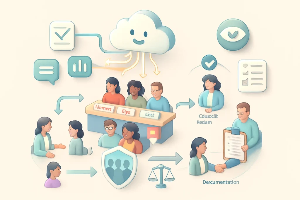 3D isometric editorial illustration of a friendly cloud AI hub sending neural lines and glowing arrows to chat/text bubbles, attendance graphs and image/audio wave icons; those signals funnel to a human reviewer desk where diverse figures—a teacher, counselor and reviewer—triage color‑coded tags labeled Immediate/High/Low. Clear flows lead to supportive outcomes (private check‑in conversation, counselor referral, guardian handshake) and a clipboard logs actions for documentation, while visual guardrails—a consent form with checkbox, padlock/encryption icon, eye‑with‑check transparency badge and balanced scales labeled “ethics”—gently encircle stylized student figures inside a protective shield. Clean 3D pastel palette, warm lighting, subtle UI dashboard panels, high detail and an editorial header composition with negative space for the article title.