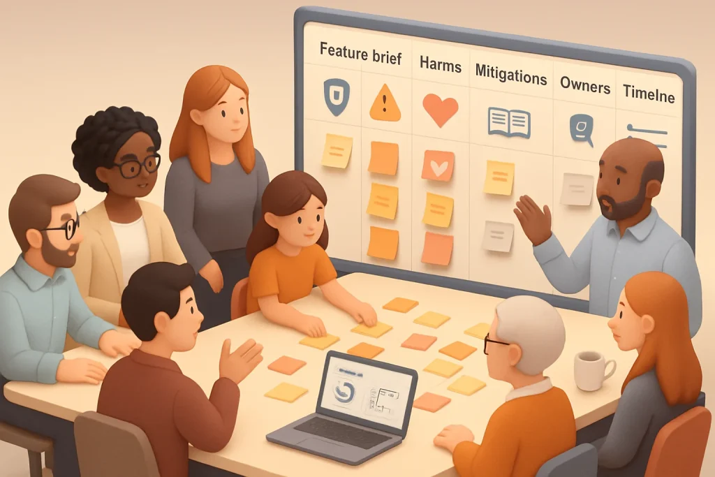 Isometric 3D editorial illustration of a collaborative harm‑assessment workshop where students, teachers, counselors and product staff gather around a table of sticky notes beneath a large digital board labeled Feature brief / Harms / Mitigations / Owners / Timeline. Icons for a privacy shield, warning triangle, heart for wellbeing, book for sexuality education, magnifying glass for monitoring and a checklist punctuate the scene while a laptop shows an escalation dashboard (escalation rate, false positives) and a flowchart; inclusive characters, soft pastel palette, warm studio lighting and shallow depth of field create a high‑detail, serious but approachable header image.
