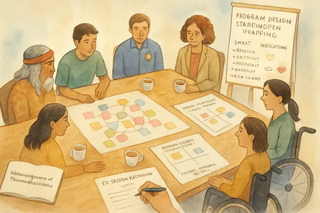 Warm overhead watercolor of an inclusive co-design workshop around a wooden table where an Indigenous Traditional Custodian elder, youth, women, a municipal official, NGO facilitator, translator and a person with a visible disability collaborate. Painterly but readable details include a hand-drawn stakeholder map with colored sticky notes and connecting lines, a power–interest matrix grid, a flipchart with short SMART objectives and simple indicators, an open notebook with a respectful "Acknowledgement of Traditional Custodians" note, small icons (handshake, bridge, heart) symbolizing social cohesion, pens, cups of tea and a co-design agreement draft being signed. Soft washes on textured paper, warm earth tones with gentle blues and greens and gentle brushstrokes create an atmosphere of respect, reciprocity and inclusive collaboration.