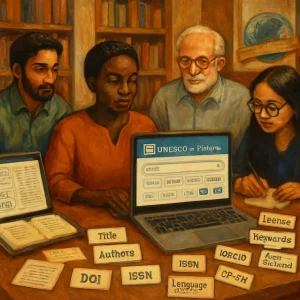 Oil-painted editorial scene of a warm, textured library where scholars of diverse backgrounds gather around a wooden table; a central figure works at a laptop showing a UNESCO e-Platform interface with a visible search box, filter chips (year, author, journal, keywords), export options (CSV, Excel, Print) and clickable DOI/ORCID icons. Scattered metadata and index cards read Title, Authors, DOI, ISSN, ORCID, Language EN/FR, License, Keywords, Peer-reviewed; an open binder reveals a CSV sheet and Zotero/Mendeley/EndNote icons beside a CC BY badge, Dublin Core and ROR symbols. A globe and a respectful Traditional Custodians acknowledgement ribbon sit in the background. Warm natural light, rich brushstrokes and a balanced composition convey collaborative multilingual metadata work, open access and ethical care—painterly and informative, ideal for an article header.