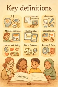 A warm, storybook-style one-page illustration: an open illustrated glossary book at the center with a friendly teacher and diverse students gathered in golden light. Soft pastel watercolor washes, hand-drawn ink outlines and textured paper frame floating labeled vignettes that clearly explain AI, Machine Learning, Training vs Inference, Generative AI, Educational AI, Digital Health, Learner Well-being, Bias & Fairness, Privacy & Data and Regulation—playful yet professional for educators and policymakers.