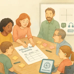Watercolor header showing a small, diverse group of educators and young people — different ages, races, genders, visible disabilities (wheelchair, hearing aid) — gathered around a table with an inclusive-design checklist (Yes/Partial/No), sticky notes, pens, and a tablet displaying a simple "AI disclosure" icon. A nearby whiteboard shows a 2×2 priority matrix and accessibility icons (captions, headphones, keyboard). Warm, collaborative, non-blaming mood; soft muted palette, gentle brush strokes, paper texture, and clear negative space for a title.