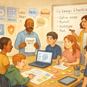 A hand‑painted watercolor of a warm classroom co‑design workshop where a diverse group of teens (including a student in a wheelchair and one with a hearing aid) and teachers gather around a table strewn with sticky notes, paper prototypes, markers, tablets and a laptop showing a friendly chatbot wireframe. A facilitator gently holds a one‑page consent brief while another writes a simple co‑design checklist on a whiteboard with steps like Define scope, Recruit, Prototype, Test; background posters show accessibility symbols (captioning, braille, large print), a privacy shield and a safeguarding heart/hand. Multilingual speech bubbles, sketched personas and journey maps highlight collaborative, inclusive energy; soft washes, paper texture and warm, inviting light convey a practical, classroom‑friendly, safety‑minded atmosphere.