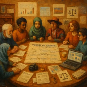 Oil‑painted, impasto textures and warm golden light frame a diverse roundtable — elders, youth, women in headscarves, a person in traditional dress and gender‑diverse figures — gathered around a central wooden table. An open parchment Theory of Change labeled Inputs → Activities → Outputs → Outcomes → Impact anchors the scene while colored threads tie participants to charts, indicators and scattered research tools: interview transcripts, focus group notes, a camera for photovoice, survey forms, notebooks with hand‑written codes, a laptop with an e‑platform, maps with pinned regions, attendance logs, measuring tape and a balance scale. Behind them, pinned graphs, a timeline calendar and workshop photos sit beside symbols of ethical care and data sovereignty — a sealed archive chest, consent forms and joined hands — all rendered in rich earth tones, subtle chiaroscuro and painterly brushstrokes to convey mixed methods, M&E frameworks, cultural responsiveness and intercultural dialogue.