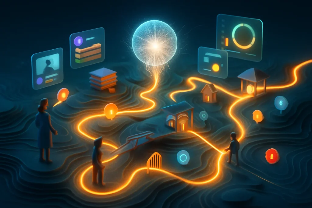 A tactile 3D editorial scene of a personal topographic map unfolding as a glowing, dynamic trail across a miniature landscape. Branching routes, bridges and shortcuts visibly reconfigure in real time while floating modular content blocks—mini video screens, stacked lesson cards and quiz tokens—hover along the paths with color-coded chip-like metadata. An abstract holographic AI guide, a radiant orb threaded with fine light, actively reshapes routes, opens alternate shortcuts and places rest-stop pavilions containing compact lesson capsules. Translucent analytics holograms with glowing charts and progress rings float nearby as a teacher figure at a waypoint receives a pulsing notification and a guiding beam aimed at a student avatar tackling a micro-challenge. Mastery checkpoints appear as unlocked gates, dimmed routes mark skipped content, pop-up explanatory icons and tiny reinforcement pulses travel the trail; cinematic lighting, depth of field and subtle motion blur render many small avatars and tactile materials in a soft ambient techno palette of cool blues and teal with warm accents.