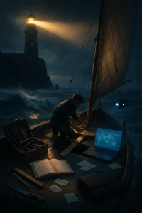 A storm-tossed twilight sea frames a tall lighthouse whose golden beam slices through rain and surf to spotlight a small patchwork wooden sailboat mid-repair: fresh planks and clamps, an open toolbox with hammer, hand saw, measuring tape and compass, and a notebook of handwritten sketches and loose flashcards. A compact laptop gently projects a translucent holographic interface of graphs and learning nodes while a friendly hovering AI drone casts soft blue light; a lone learner on deck adjusts a sail and hammers a plank amid scattered calendar pages and a worn portfolio case. Dramatic moody lighting, rain spray, reflective wet surfaces and shallow depth of field give this cinematic, photoreal image a high-detail, hopeful atmosphere.