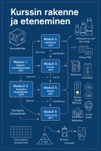 Blueprint-tyylinen artikkelin pääkuva syvänsinisellä ruututaustalla; valkoiset ja vaaleansiniset viivapiirroslinjat isometrisessä/ortografisessa vektorityylissä. Keskellä modulaarinen polkukartta kuudella numeroidulla sinisellä ruudulla (Moduuli 1–6) nuolin yhdistettynä ja kunkin ruudun vieressä lyhyt suomenkielinen teksti ja tuntiväli (esim. "Moduuli 1 — Johdanto & tekninen perusta • n.4 h"). Kuvassa myös viivapiirrosikonit: RecondOil Box -yksikkö, integroidun laitteen siluetti, näytepullot 100/250/1000 ml, partikkeleiden laskuri (ISO 4406), Karl Fischer -mittari, video-/PDF-ikonit, työkalu/työkalulaukku (workshop), tarkistuslista, traffic-light-visualisaatio, ROI- ja CO2-symbolit sekä sertifikaattimerkki. Alareunassa kaksi aikatauluvaihtoehtoa: neliviikkoinen itseopiskelu ruutukkoviikoilla ja 3 päivän intensiivikuvake. Kaaret ja nuolet osoittavat siirtymän teoriasta käytäntöön (asennus → käyttöönotto → mittaus → huolto → turvallisuus → talous); callout-ansiot, mitoitusviivat ja pieni suomenkielinen legenda selityksille. Korostusvärit rajoitettuina (keltainen/punainen) vain traffic-light- ja ROI-ikoneille; korkea resoluutio ja selkeä typografia, sommiteltu artikkelipääkuvaksi.