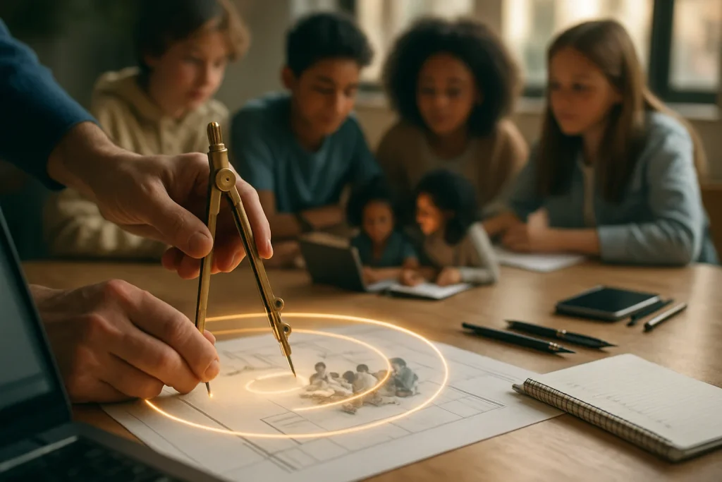 Close-up of a teacher’s hands guiding a polished brass architect’s compass over a classroom blueprint on a wooden table; the compass traces a soft, glowing guideline that subtly transforms into protective pathways encircling a small, diverse group of students collaborating in the background, faces thoughtful and engaged. Warm natural window light, shallow depth of field and cinematic bokeh highlight high-detail textures — metal, paper and skin — while a blurred laptop, a notebook with blank checkboxes, pens and a smartphone sit realistically in the foreground.