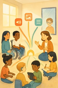 Storybook-style watercolor of a warm classroom: a semicircle of diverse learners — varied ages, skin tones and clothing; a student in a wheelchair, one with a hearing aid, one reading braille, one with a tablet, one sketching — gathered around a small glowing AI device shaped like a gentle bridge of light. Colored ribbons of light fan from the bridge to each learner toward simple icons for audio, image and text, suggesting personalized pathways. A teacher kneels inviting collaboration while a nearby mirror-like screen subtly reflects only one student to hint at bias. Simple, clean shapes, soft pastel texture and high-contrast accessible colors on a minimal background create a calm composition for an article about diversity, inclusion and responsible AI.