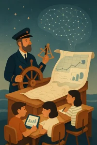 A storybook-style scene of a teacher-as-sea-captain steering a hybrid ship-classroom: the wooden wheel smoothly becomes a classroom desk while students sit like crew with simple tablets and notebooks. An unfurling nautical map morphs into a clean digital grid and charts, rising constellations of data points form a gentle brain-shaped pattern overhead, and traditional instruments (sextant, compass) sit alongside a tablet showing simple bar and heatmap visuals; a subtle shield motif hints at privacy. Warm muted palette, flat shapes and soft textures create a calm, inspiring mood.