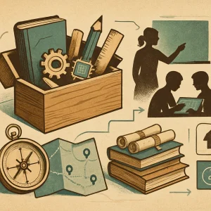 Vintage mid-century infographic in warm sepia and muted teal on textured paper with halftone shading; an open wooden toolbox spills symbolic learning tools—book, pencil, ruler, small gear and a stylized circuit/AI chip—while a brass compass rests beside a folded map marked with dotted routes and waypoints. Silhouetted teacher and students gather around a tablet and chalkboard as arrows and stepwise icons trace pathways to a neat stack of resources (books, certificate scrolls, training cards); hand-drawn lines and collage elements lend a tactile, instructional-header feel.