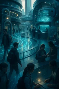 A photorealistic, wide-angle view of a futuristic open city that stands for a Learning Management System: diverse students move freely along bustling avenues as glowing streams of data flow like translucent rivers into buildings. Layered transparent protective rings and segmented neighborhoods visualize defense‑in‑depth and network segmentation, while guarded checkpoints with neutral gatekeepers and token readers, discreet cameras and smart sensors cue access control. A central secure control hub shows engineers and security experts studying holographic data‑flow diagrams and audit trails above a polished console; nearby a glass vault cradles a glowing neural‑network core and stacked server racks to symbolize model and key protection. Sculptural padlocks and keys are integrated into the architecture for encryption and key management; student avatars are masked or subtly pixelated to suggest privacy and pseudonymization. Traffic‑control barriers hint at rate‑limiting and throttling, redundant bridges and emergency failover routes indicate backups, and warm human moments — a teacher reviewing work — balance technical elements like containerized modules and API‑gateway‑like entrances. Cinematic soft directional lighting, high dynamic range, shallow depth of field and ultra‑detailed textures in a cool blue and teal palette with warm accents give the scene a believable, editorial atmosphere.