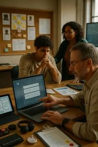 An editorial‑style, photorealistic scene of human‑centered AI in a classroom co‑design workshop: a middle‑aged university teacher in the foreground gently editing an AI suggestion on a laptop where a translucent AI overlay, a visible confidence meter and editable suggestion cards float (all text deliberately illegible). In the midground a stressed but hopeful student and a mentor are slightly blurred, one tapping an undo icon, faces showing cautious optimism and trust‑building. Nearby a tablet displays a clickable prototype mockup, printed persona cards and sticky‑note journey maps are pinned to the wall, and a whiteboard holds blurred sketched diagrams. Accessibility tools sit within reach—high‑contrast swatches, headphones, a braille/tactile device and keyboard‑only navigation cues—while a clipboard with anonymized audit log pages and a small padlock symbol signals privacy. User‑testing props (stopwatch, feedback stickers) and a subtle background dashboard of abstract, unreadable charts suggest measurement and monitoring. Warm natural window light mixed with cinematic fill, shallow depth of field, rich textures and realistic skin tones give a muted, professional editorial color grade and intimate, trust‑focused composition.