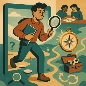A mid-century educational poster scene showing an active learner stepping out from the edge of a floating screen into a stylized map landscape. The three-quarter figure holds a notebook and magnifying glass while a companion AI—visualized as a glowing vintage compass fused with a map and tiny toolbox—hovers supportively beside them; a stepping-stone path with small milestone markers leads forward, peers collaborate in the background, and visual cues for questioning and iteration (magnifier, prototype sketches, circular arrows) are woven into the map. Rendered in a warm muted retro palette of teal, ochre, and maroon with halftone shading, paper texture, bold simple shapes, and soft directional light, the composition reads like a high-detail vintage poster about exploration, inquiry, and guided discovery.
