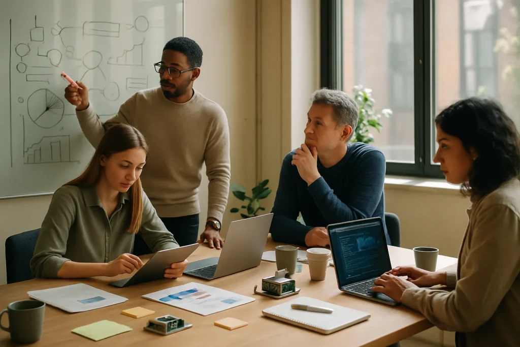 Photorealistic editorial scene of four diverse professionals collaborating around a large wooden table strewn with laptops, tablets, printed portfolios, notebooks, sticky notes and a small prototype. One person gestures at a glass whiteboard filled with abstract flowcharts and data plots while a teammate refines prompts on a tablet and another reviews code and model visualizations on a laptop; an instructor watches thoughtfully as the group discusses ethics and deployment. Warm natural daylight through tall windows, muted neutral tones, subtle plants and coffee cups create a calm, focused atmosphere—an image about hands-on AI skills, collaboration and responsible practice.