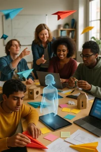 Photorealistic scene of a modern Scandinavian classroom where a diverse group of students and their teacher collaborate on creative problem‑solving. Desks are scattered with colorful paper airplanes caught mid‑flight, sticky notes, sketches, cardboard and 3D‑printed prototypes, and devices showing blurred mockups; a sleek tablet projects a faint translucent holographic assistant interacting with students like a curious coworker. Warm window light, shallow depth of field and cinematic color grading emphasize crisp tactile details — a candid, documentary moment of hands‑on invention and playful experimentation.