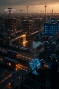 Ultra-realistic aerial diorama at golden hour: layered streets and arched bridges stand in for API gateways while modular microservice towers rise in repeating rows. A shimmering reservoir pours glowing particles into tributary streams as a data lake, and sleek GPU server-farms glow blue like industrial blocks. Heavy autonomous cargo trucks trail visible ribbons of data along highways; Kafka-like conveyor belts and illuminated transit rails hum between feature-store market stalls, cache lockers, rooftop CDN antennas and observability watchtowers ringed by holographic light. Engineers in hardhats and operators at touchless holographic consoles watch from viewing platforms as drones and emergency lanes weave through the scene — cinematic directional lighting, ultra-detailed textures, realistic reflections and atmospheric haze make this a living, working city-as-data-architecture.