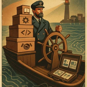 Vintage-poster scene of a ship captain at the helm steering through a changing sea whose waves subtly form circuitry and neural-network patterns; the deck carries a tiered skill-stack of layered crates stacked like a cake, each crate marked with pictogram icons (book, gear, code brackets, handshake) and an open portfolio case showing project panels and photos. A warm lighthouse beam slices through a muted retro halftone palette toward a distant harbor of workplaces; paper grain, worn edges and cinematic lighting give the composition a nostalgic, printed-poster feel.
