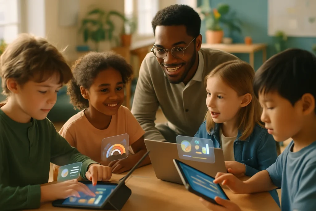 A photoreal, cinematic scene of a diverse teacher crouched among a small group of students using tablets and laptops that project soft, translucent holographic overlays—colorful progress arcs, simple icons and gentle graphs—suggesting adaptive, personalized tasks. Warm daylight, plants and flexible seating create a human-centered atmosphere as students collaborate and lead peer discussions, guided by the teacher while AI appears only as subtle, supportive visualizations; shallow depth of field, natural skin tones, high detail, no visible text.