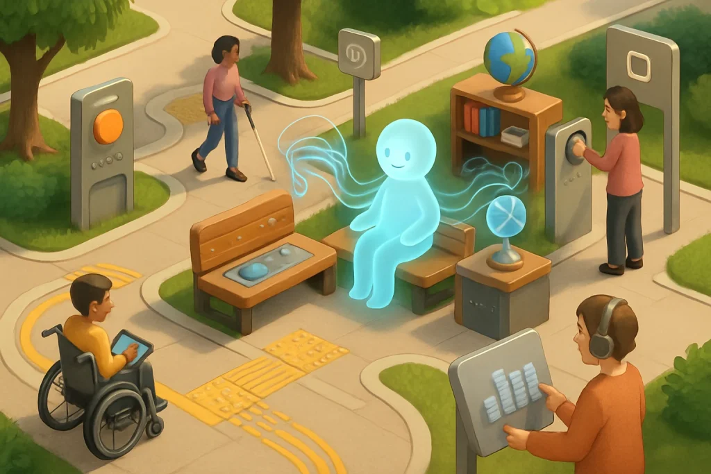 Isometric 3D illustration of a city-park–style learning platform: winding accessible pathways, tactile paving and wide ramps; benches that double as interactive UI with large tactile buttons and adjustable dials; sleek kiosks with oversized high-contrast buttons and headphone ports; a friendly translucent glowing AI companion seated on a bench, emitting soft holographic data ribbons linking to a bookshelf, globe and research nodes (no readable text); diverse users interacting across the scene — a student in a wheelchair with a tablet, a person with a white cane using tactile paving, a deaf user with a hearing aid adjusting a visual caption waveform, a teacher turning a physical contrast slider, and a neurodivergent learner working with chunked content pods; extra accessibility details include braille-like raised dots, large touch targets, visible focus rings, undo/modify levers and icon-only signposts. Warm daylight, soft shadows and realistic materials (wood, brushed metal, frosted glass) with a polished, high-detail 3D finish.