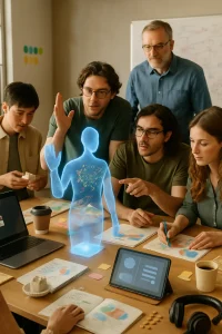 A warm photoreal editorial of a modern learning studio where a diverse group of young adults and an older mentor gather around a cluttered table—notebooks, sketch sheets, sticky-note clusters, coffee cups, headphones, a small 3D-printed prototype and a smartphone—with one student seated in a wheelchair. In the center a translucent holographic assistant mirrors a student’s gesture, unfolding colorful node-graphs and layered charts while a nearby tablet shows a prompt interface of simple shapes and sliders; a laptop with a lock icon, a closed-folder icon, tactile accessibility tools and a timeline of sticky icons quietly signal AI literacy and ethics. Active moments populate the frame: a student testing the prototype, another annotating a dataset visual, two students pointing to the hologram as the mentor observes—cinematic composition, natural window light, warm neutral grading, shallow depth of field and a high-resolution editorial finish that captures the collaborative, hackathon-like energy.