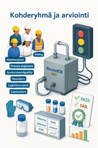 Isometrinen 3D-infografiikka: vasemmalla ammattiryhmät (huolto, prosessi‑insinöörit, ympäristö/laatu, operaattorit, logistiikka/jäte, urakoitsijat), keskellä realistinen RecondOil DST -yksikkö putkistoineen, näyteportteineen ja kaapelointeineen, oikealla arviointiklusteri liikennevalo‑dashboardilla ja paneeleilla (ISO 4406, MPC, TAN, veden ppm, FTIR), laboratoriovialit ja näytepullo, tarkistuslista hyväksytty/hylätty -leimoilla sekä sertifikaatti-ikoni ja ROI/CO2‑vähennyskaaviot; mukana turvallisuus/PPE‑ikonit (käsineet, suojalasit), puhdas moderni yritysväriteema (sininen, vihreä, oranssi), pehmeä studiovalo, terävät vektorimaiset reunat ja valkoinen tausta — viimeistelty, tekniseen koulutukseen sopiva otsikkokuva.
