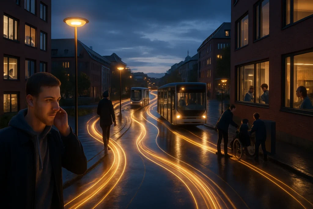 At dusk a photorealistic northern European panorama becomes a living data-map: warm, river-like streams of light flow along streets and between buildings, forming a translucent network that gently guides movement. Adaptive streetlights brighten ahead of pedestrians while an autonomous tram and bus follow the luminous currents; a commuter glances at a discreet wearable as a quiet notification arrives and a wheelchair user boards with assistance at an accessible stop. Through wet pavement reflections and cinematic depth, a hospital window shows a clinician consulting a patient via tablet and, nearby, a teacher and diverse students collaborate around a device — all rendered in natural skin tones with subtle technological overlays, dynamic lighting and a calm, hopeful, human-centered mood.