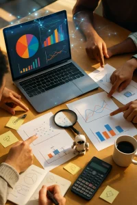 Overhead 3/4 editorial-style photo of a collaborative data-literacy workshop: a modern laptop glowing with colorful abstract charts, a tablet showing an interactive scatter/boxplot, printed sheets of bar, line, scatter and box plots, diverse students' hands gesturing and pointing, pens and sticky notes with simple icon doodles, a magnifying glass hovering over a tight cluster of points, a small toy robot as an AI mascot, an open notebook filled with hand-drawn diagrams and arrows, a calculator and coffee cup at the edge, and a subtle translucent holographic web of nodes and data lines floating above the table. Warm window light, soft cinematic shadows, shallow depth of field and crisp textures (50mm f/1.8), high-resolution professional color grading.