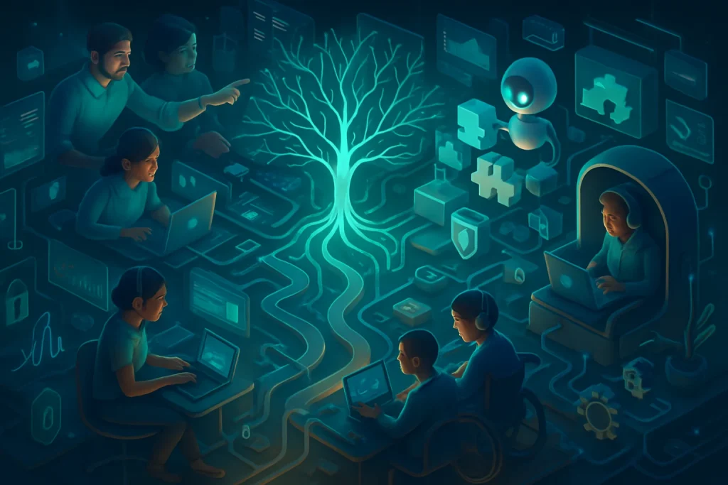A glowing central neural-tree morphs into flowing ribbons of personalized learning paths that reach diverse student avatars at devices and study pods. Teachers gently guide while developers sculpt APIs at holographic workstations and an AI orb assembles modular course tiles amid floating analytics panels, puzzle-piece connectors, shielded encrypted ribbons and accessibility cues — all set in a layered campus with cinematic rim lighting, volumetric atmosphere and a vibrant teal-indigo palette.