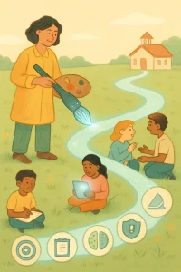 A storybook editorial scene of a teacher-as-painter holding a softly glowing AI brush, painting a clear learning path across a calm classroom meadow. Along the pastel path are clean, text‑free stepping stones: a target for learning objectives, a clipboard for assessment, a friendly robot for AI support, a brain/mirror for reflection and metacognition, a shield/lock for ethics and privacy, and a ramp/headphones for accessibility. Diverse students occupy stages along the route — one with a notebook at activation, one working with a glowing tablet for AI-assisted building, two discussing and critically reviewing to deepen learning, and one writing a short reflection at the end — all rendered in flat simple shapes, gentle outlines, subtle hand-drawn texture, and a warm, minimal, highly readable editorial style.