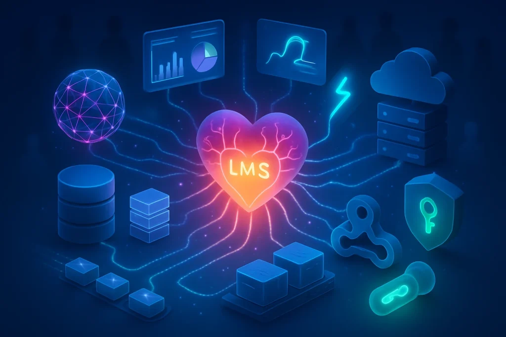 A cinematic photorealistic 3D isometric scene centered on a glowing heart-shaped LMS hub pulsing light as translucent veins radiate to detailed modules: a magenta neural mesh for AI/LLM, cylinder database and stacked LRS/xAPI records, cloud server and external tool node, plugin puzzle-piece module, message-packet queue and conveyor of sealed batch crates, floating translucent dashboard panels, a lightning-bolt webhook stream, and a glowing key/token capsule with shield for OAuth/privacy. Flowing particle streams represent real-time sync while crates imply asynchronous batches; cool blues anchor infrastructure, magenta highlights AI, green accents mark privacy, and subtle teacher/student silhouettes in the background complete a clean, modern edtech tableau with strong depth of field and soft volumetric rim lighting.