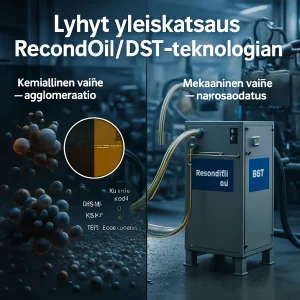 Photorealistic editorial split‑view of a compact RecondOil DST‑yksikkö kytkettynä hydrauliseen järjestelmään ja vaihteiston putkistoon teollisuushallissa; vasen puoli merkitty suomeksi "Kemiallinen vaihe — agglomeraatio" näyttää mikroskooppisen, realistisen näkymän nanomittakaavan partikkelien ja varnish‑esiasteiden kemiallisesta vetovoimasta ja yhdentymisestä, oikea puoli merkitty "Mekaaninen vaihe — nanosuudatus" esittää yksityiskohtaisen nanofiltraatiokalvon sieppaamassa sub‑mikronisia partikkeleita (~0,1 µm) ja kirkastuvan öljyn lähdön. Kuvassa näkyy läpinäkyvä putki, josta öljy virtaa laitteeseen, pyöreä inset‑ikkuna ennen/jälkeen‑mikroskoopinäkymällä öljyn sameuden ja varnish‑pitoisuuden vähenemästä sekä hillitty dashboard‑overlay, joka näyttää paranevia mittareita (ISO 4406, MPC, TAN, vesipitoisuus). Korostetut materiaalit ja tekstuurit (metalli, öljykiilto, letkut, suodattimet), viileä teollinen valaistus, matala syväterävyys ja korkea resoluutio luovat ammattimaisen sommittelun tekniseen artikkeliin; suomenkielinen otsikko on luettavissa puhtaalla sans‑serif‑tyylillä.