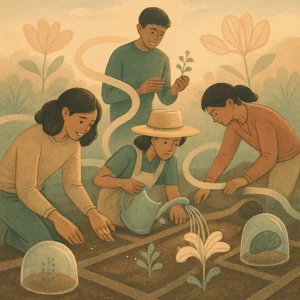 A vintage educational-poster–style illustration of students as gardeners tenderly planting and watering pixel-patterned seeds that bloom into delicate, abstract speech-flowers; some seedlings are sheltered under translucent privacy domes while ribbon-like algorithmic light filters across the beds. Diverse figures collaborate with careful, empathetic hands in a calm, responsible mood; warm muted earth and pastel tones, halftone and letterpress texture, subtle paper aging and engraved-line detail, and soft morning light create cinematic depth in a centered composition.