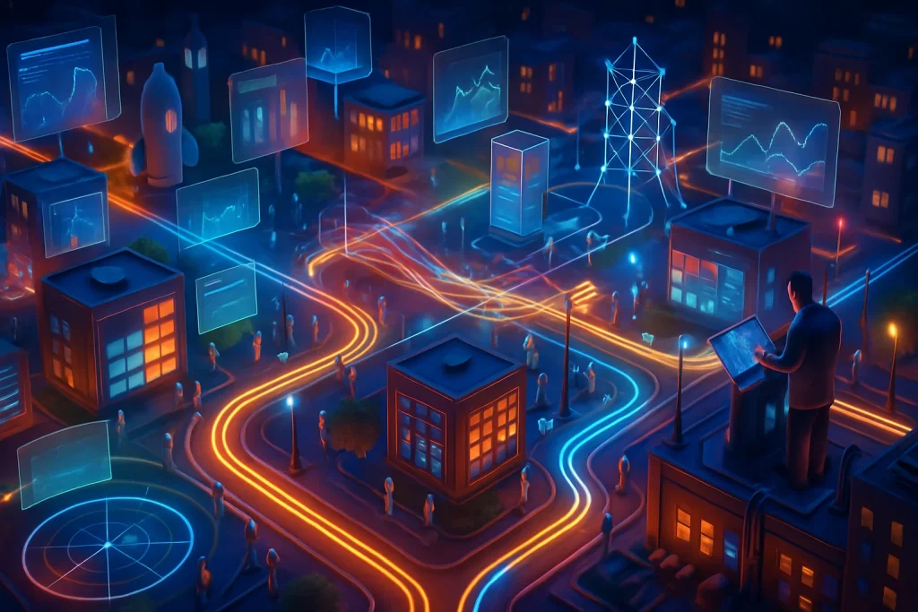Isometric, ultra-detailed neon city where glowing streets become learning pathways and buildings read as modular classrooms and skill hubs; pulsing streetlights indicate activity while translucent heatmap neighborhoods reveal busy and weak zones. Floating holographic dashboards and translucent panels display abstract charts; network-graph towers linked by luminous bridges map dependencies while Sankey-like ribbons of light carry streams of tiny anonymized avatar figures along learning routes and mastery matrices appear as stacked tiles on facades. Radar plazas, layered time-series trails (bright real-time vs faded historical), clickstream breadcrumb trails, pipes and data streams feeding a central hub, rooftop sensors and LRS-like devices, and a teacher-architect adjusting a control console populate the scene; subtle privacy motifs (blurred faces, masked avatars), cinematic neon blues, cyan, magenta and warm amber volumetric light, deep depth-of-field, complex shadows and reflective materials create a rich, dynamic metaphor for learning analytics.