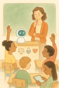Storybook-style mid-shot of a calm classroom: a thoughtful teacher at the front with a small, friendly rounded AI orb perched on the desk like a curious aide. Diverse students engage—some raise hands, one works on a tablet—while simple hand-drawn tokens (a balanced scale, a padlock, a magnifying glass, a heart) sit near the desk as visual symbols woven into the art. Warm pastels, soft chalkboard shapes, gentle paper texture and soft lighting create a reflective, collaborative mood ideal for an article illustration.