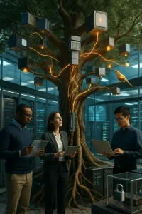 A majestic living oak grows inside a glass-walled data center: thick roots weave through polished server racks, circuit boards and fiber-optic cables like mycorrhiza, its trunk merging into a sleek server column while branches sprout modular hardware, container pods and soft-glowing AI inference nodes. Engineers in business-casual attire study transparent manifests and laptops as sandboxed plugins sit behind tiny glass enclosures with padlocks; a golden canary perches on a branch to symbolize canary-deploys, and flowing strands of light trace event-streams between branches and services under cinematic natural lighting and rich editorial photographic realism.