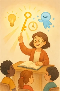A warm, storybook-style classroom header: a friendly teacher stands behind a wooden desk with an open lesson book, holding a glowing golden key that guides a small translucent blue AI helper with starry sparkles. Gentle beams from the key form three minimalist symbols — a lightbulb (ideas), a clock (time saved), and three ascending steps (differentiation) — while diverse, stylized students watch attentively. Soft pastel palette, watercolor-and-pencil texture, and uncluttered composition emphasize clarity and welcome, perfect for an article about prompt skills.