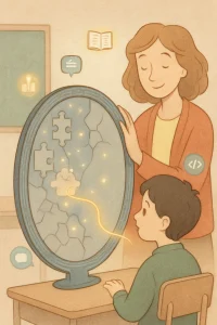 A storybook-style scene of a student gazing into a large mirror that reflects a collage of learning fragments—puzzle pieces, glowing light spots and delicate cracks—its rim etched with a subtle circuit pattern that hints at AI. A warm teacher stands beside, hand on the glass, sending a gentle golden thread of light through the reflection toward the student; soft floating icons (tiny charts, a book, a speech bubble, a code bracket) hover like fireflies to suggest analysis and personalization, all rendered in muted pastels with soft textures, clean outlines and a calm classroom backdrop.